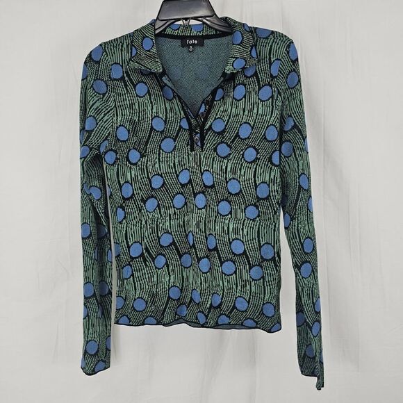 Fate The Label Polo Button Up Women’s Size Small Green Black With Blue Polka Dot - Picture 1 of 5